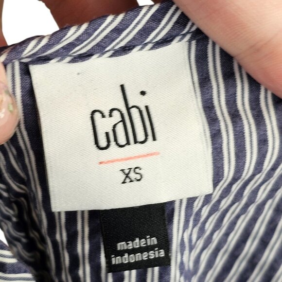 Cabi Navy Blue and White Striped Blouse With Frilly Lace Shoulders Sz XS - Picture 5 of 8